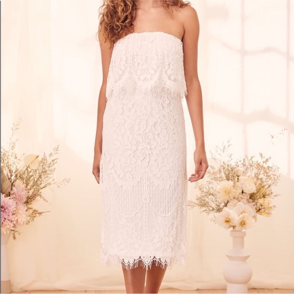 Lulus Delia White Lace Strapless Midi Dress NWT Size M